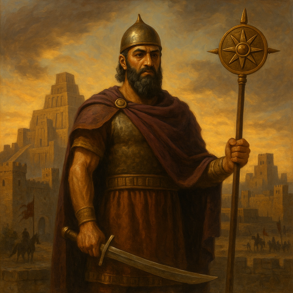 Sargón de Akkad de pie sobre una plataforma en la ciudad de Akkad, vestido con túnica y capa militar, empuñando un estandarte imperial, con el fondo de su imperio unificado extendiéndose hacia el horizonte.