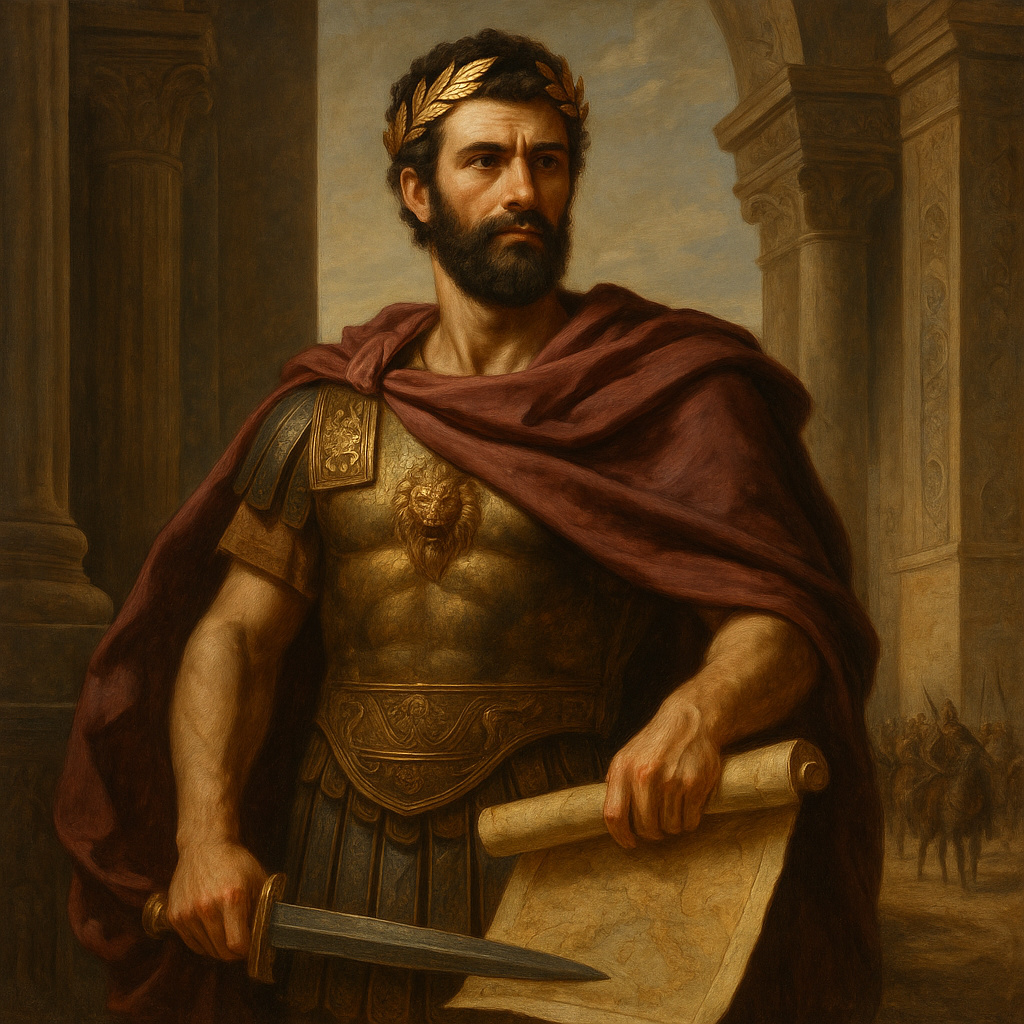 Retrato realista al óleo de Seleuco I Nicátor, fundador del Imperio Seléucida, portando una espada y un mapa en un entorno de arquitectura clásica y soldados en marcha.