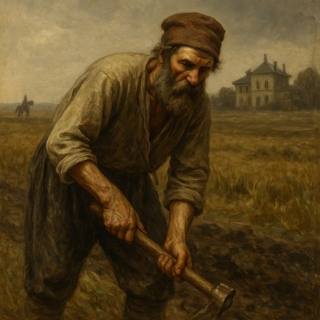 Campesino ruso trabajando la tierra bajo el sistema de servidumbre del Imperio, pintura realista al óleo