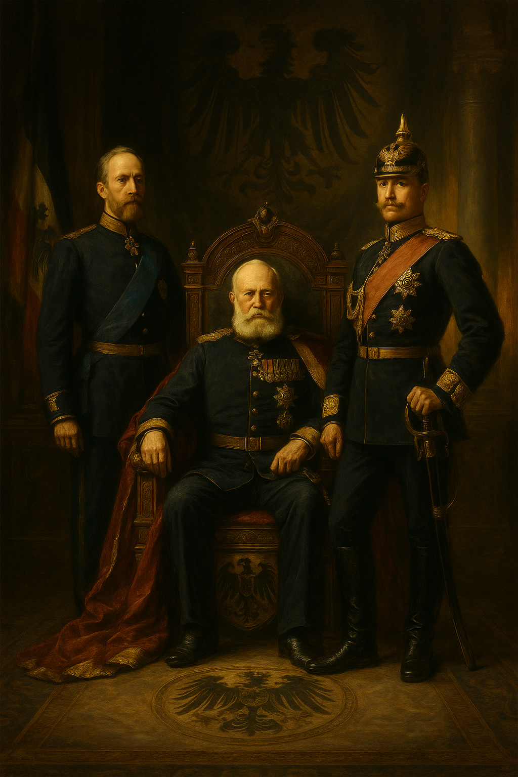 Retrato dinástico en estilo imperial de Guillermo I en su trono, con Federico III y Guillermo II a su lado como soberanos del Imperio Alemán.