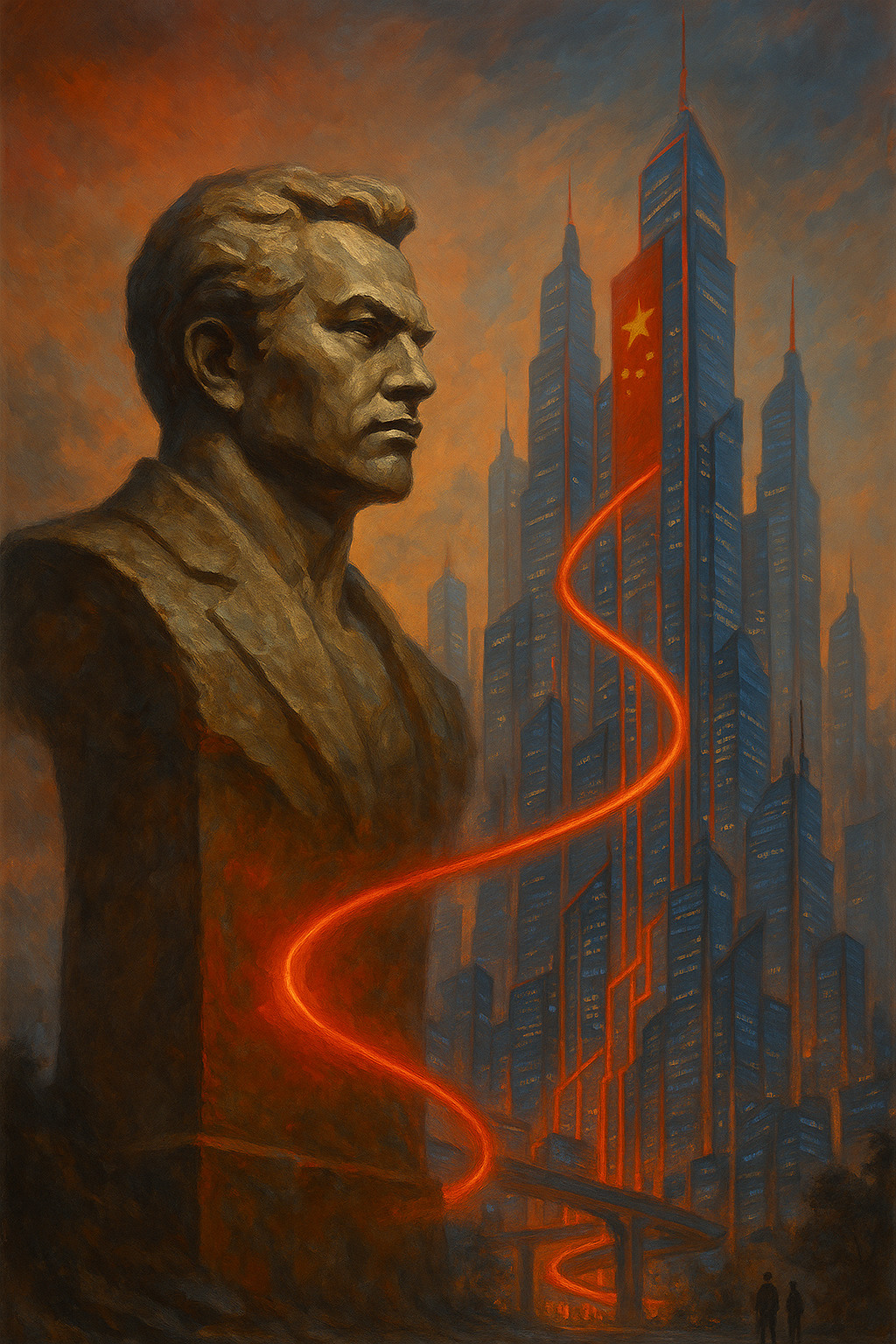 Estatua socialista erosionada frente a rascacielos futuristas inspirados en China, unida por un rastro rojo simbólico del socialismo del siglo XXI