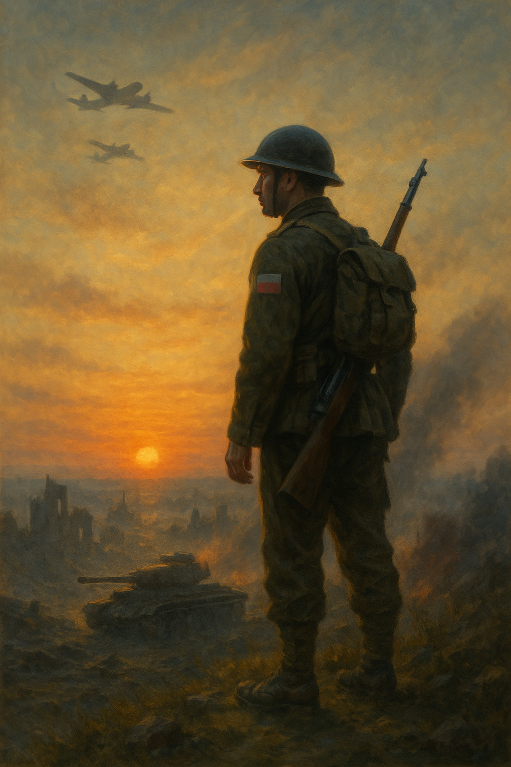 Soldado polaco de la 1.ª División Blindada observando el amanecer sobre Normandía tras la victoria aliada en 1944.