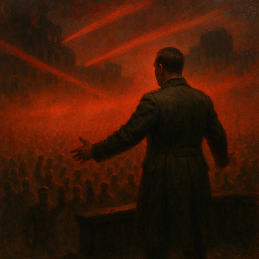 Silueta de un líder militar de espaldas dando un discurso a una multitud envuelta en bruma roja tras la caída del Imperio Alemán.