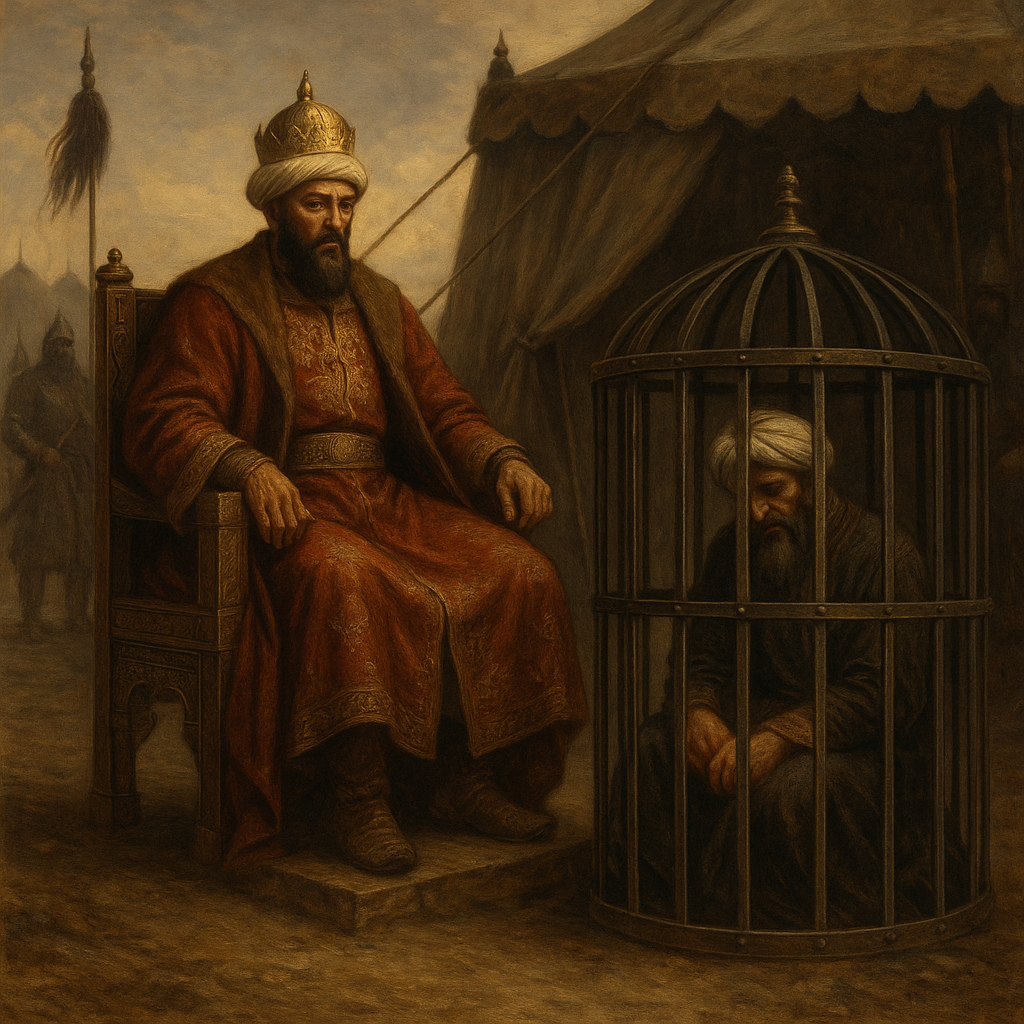 Pintura histórica en estilo realista que representa a Tamerlán sentado en un trono mongol junto a una tienda militar, observando con expresión severa una jaula de hierro donde yace el sultán otomano Bayaceto, humillado y abatido. El contraste visual entre el poder imperial y la derrota total simboliza la caída del Imperio Otomano tras la batalla de Ancira en 1402.