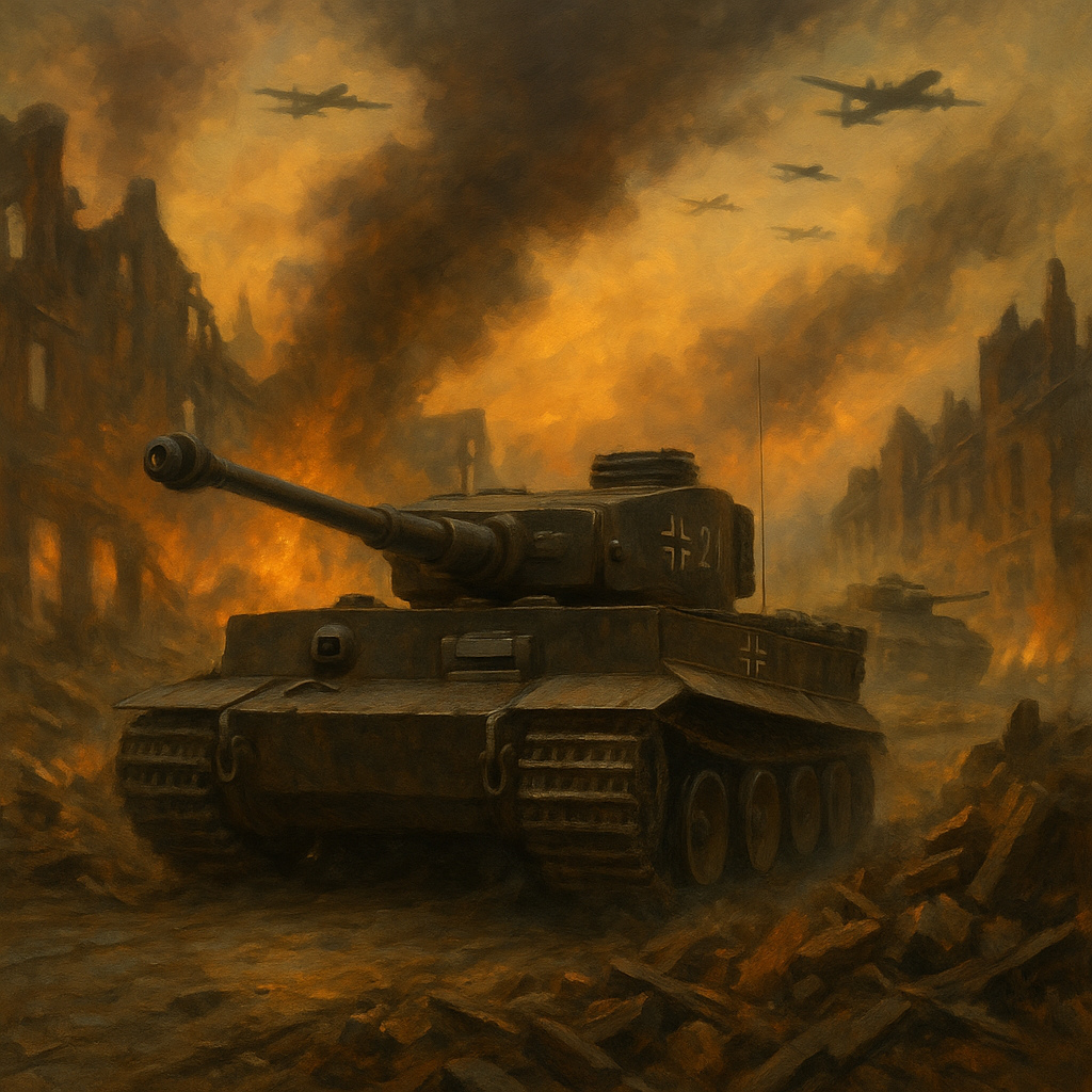 Tanque alemán Panther avanzando entre ruinas durante la Operación Lüttich, Mortain 1944, bajo un cielo con aviones aliados.
