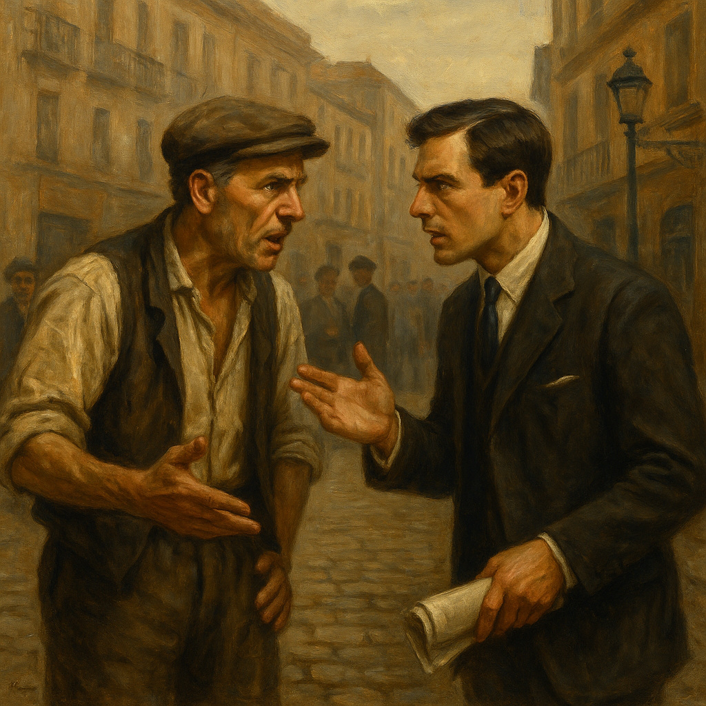 Campesino español discutiendo con un hombre bien vestido en una calle de los años 30, representando las tensiones sociales y políticas que dividieron a España antes de la Guerra Civil.