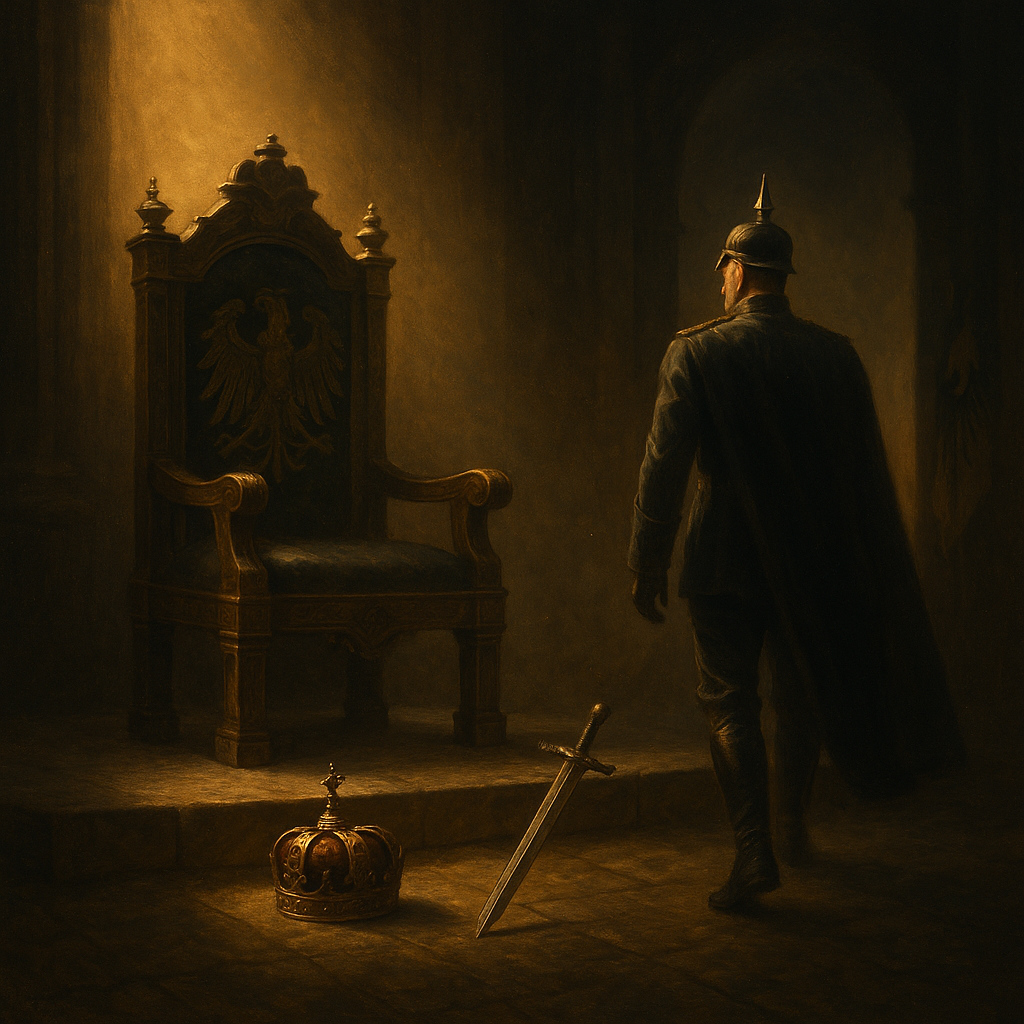 Trono imperial alemán vacío con corona y espada en el suelo mientras Guillermo II se aleja hacia la sombra.