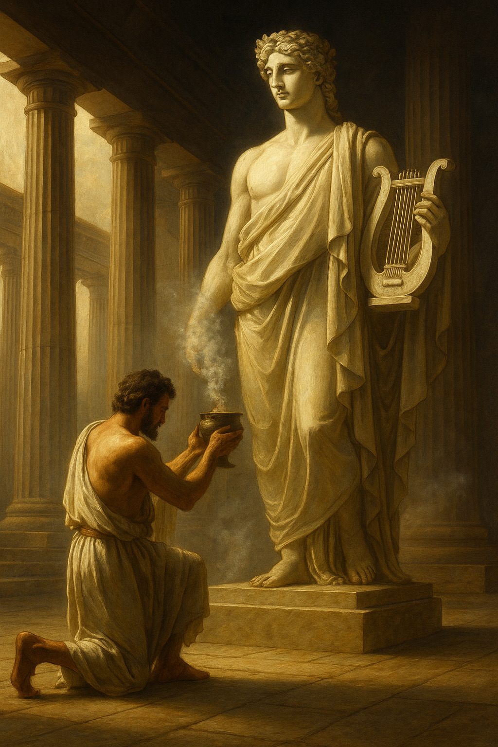 Pintura digital clásica muestra a un hombre griego arrodillado frente a una estatua de Apolo, ofreciendo incienso en un templo bañado por luz dorada.