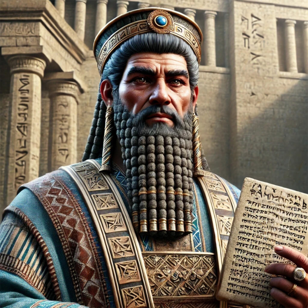 Un retrato realista de Hammurabi, el antiguo rey babilónico, sosteniendo una tabilla con su legendario código de leyes.