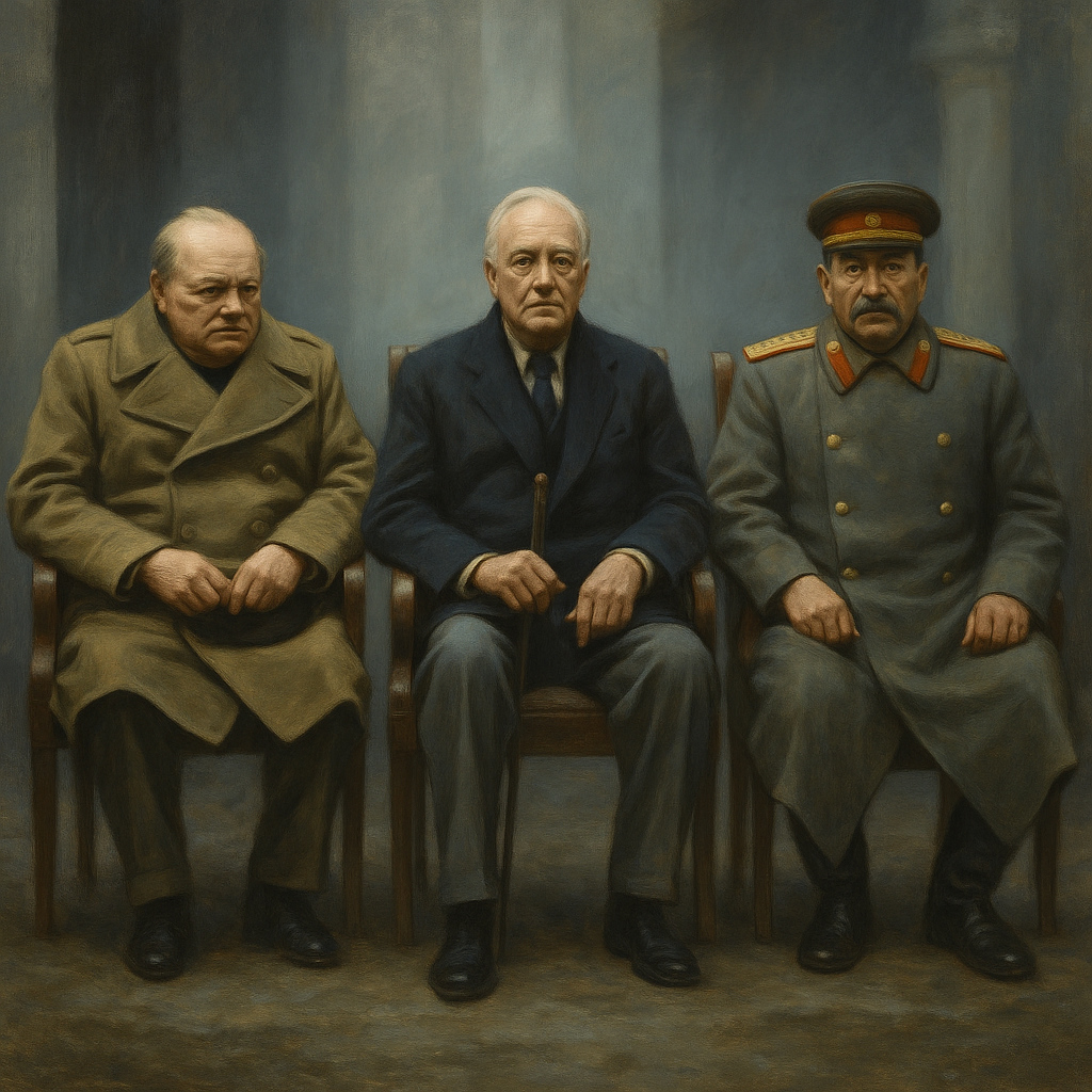 Ilustración realista de Churchill, Roosevelt y Stalin sentados en la Conferencia de Yalta, simbolizando la alianza temporal antes del inicio de la Guerra Fría.