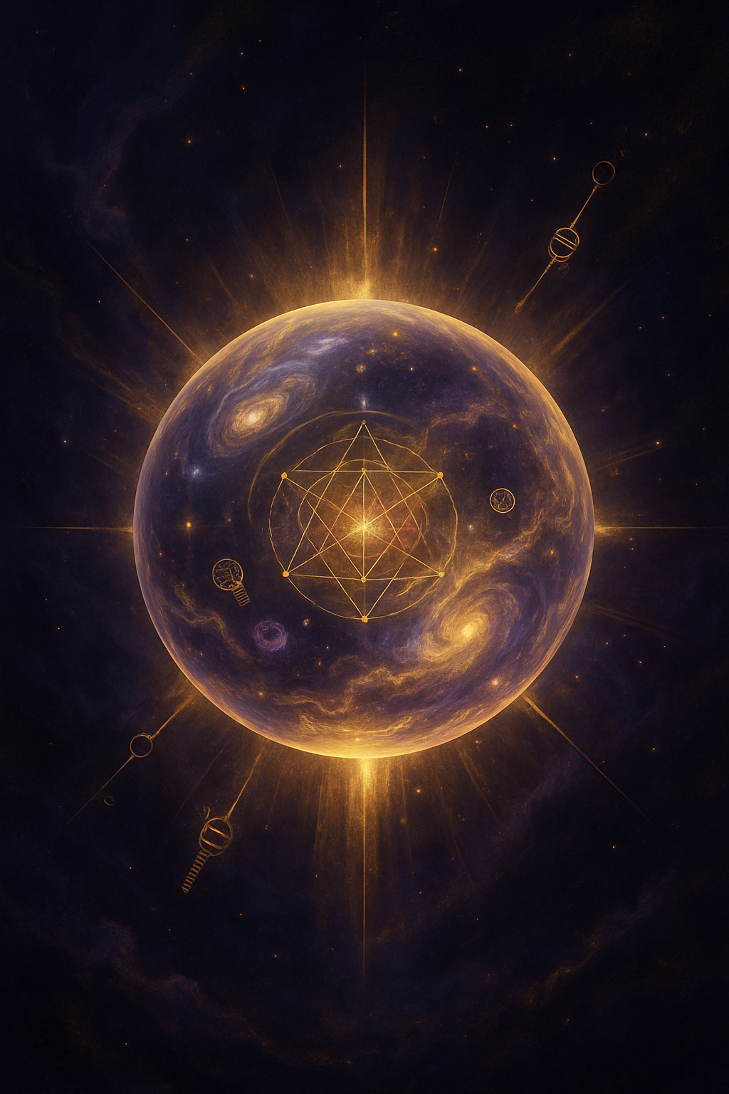 Una esfera translúcida flotando en medio de la nada, de cuyo interior surgen galaxias, geometría sagrada y haces de energía. Representa el vacío fértil, lleno de potencial creativo y existencia no manifiesta.