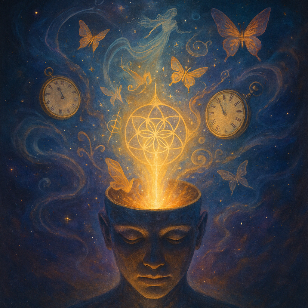 Una cabeza abierta por la parte superior, con luz y geometría sagrada emanando desde el interior. De la luz emergen visiones, mariposas, relojes y figuras oníricas. Representa el flujo del subconsciente hacia la conciencia.