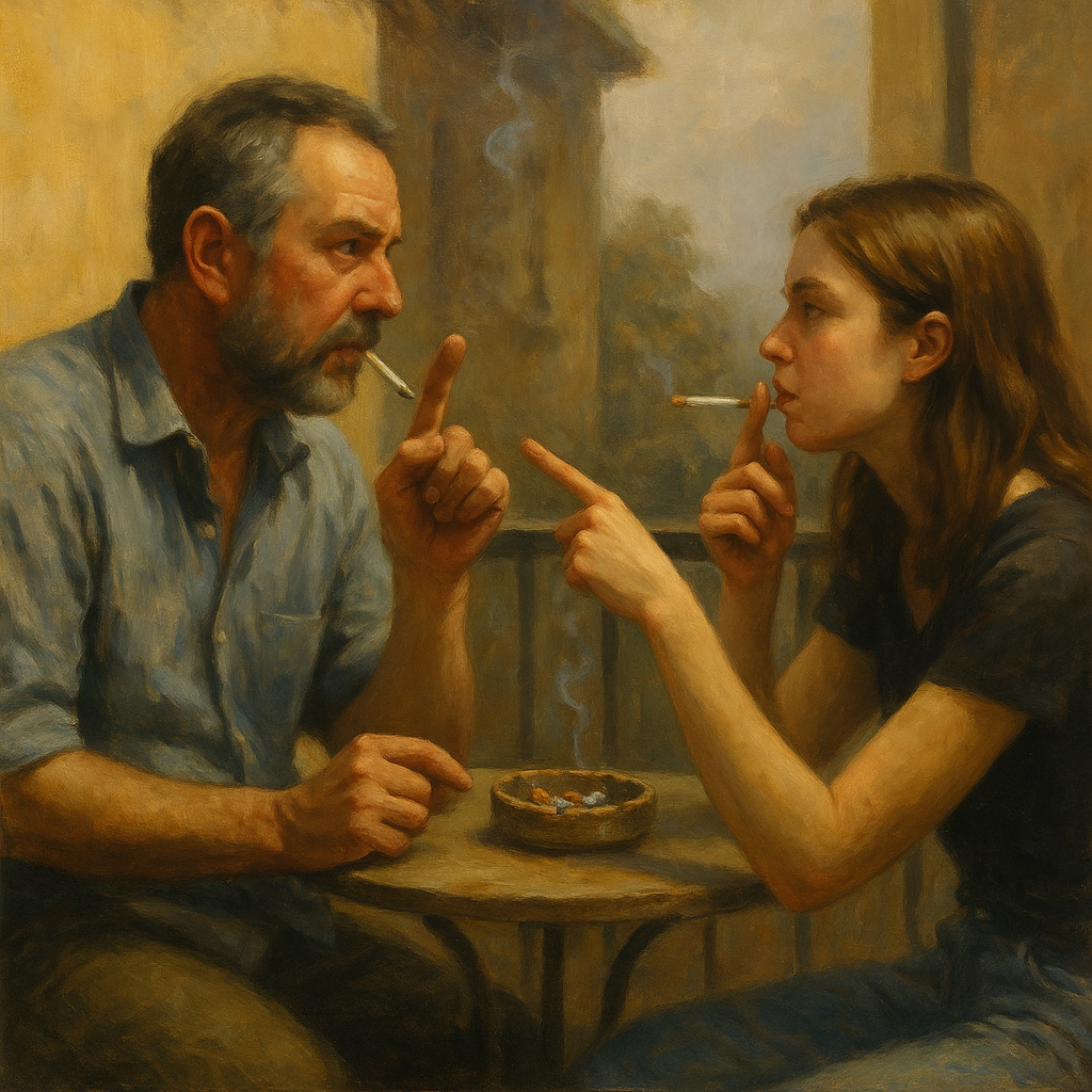 Padre y hija fumando en un balcón, señalándose mutuamente durante una discusión, ilustrando un ad hominem circunstancial.