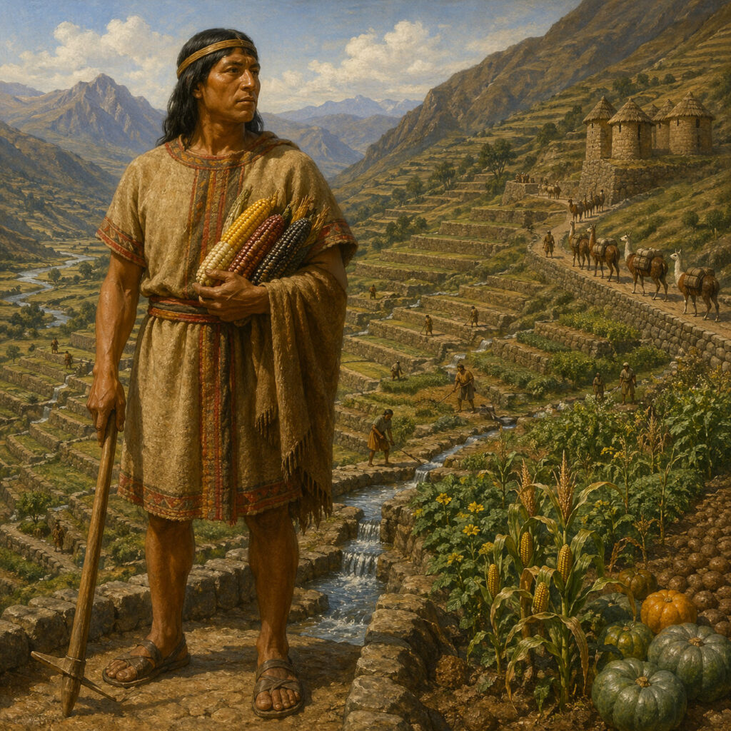 Ilustración histórica de un agricultor o administrador agrícola inca con mazorcas de maíz sobre terrazas andinas, junto a canales de riego, cultivos, depósitos y una caravana de llamas al fondo.