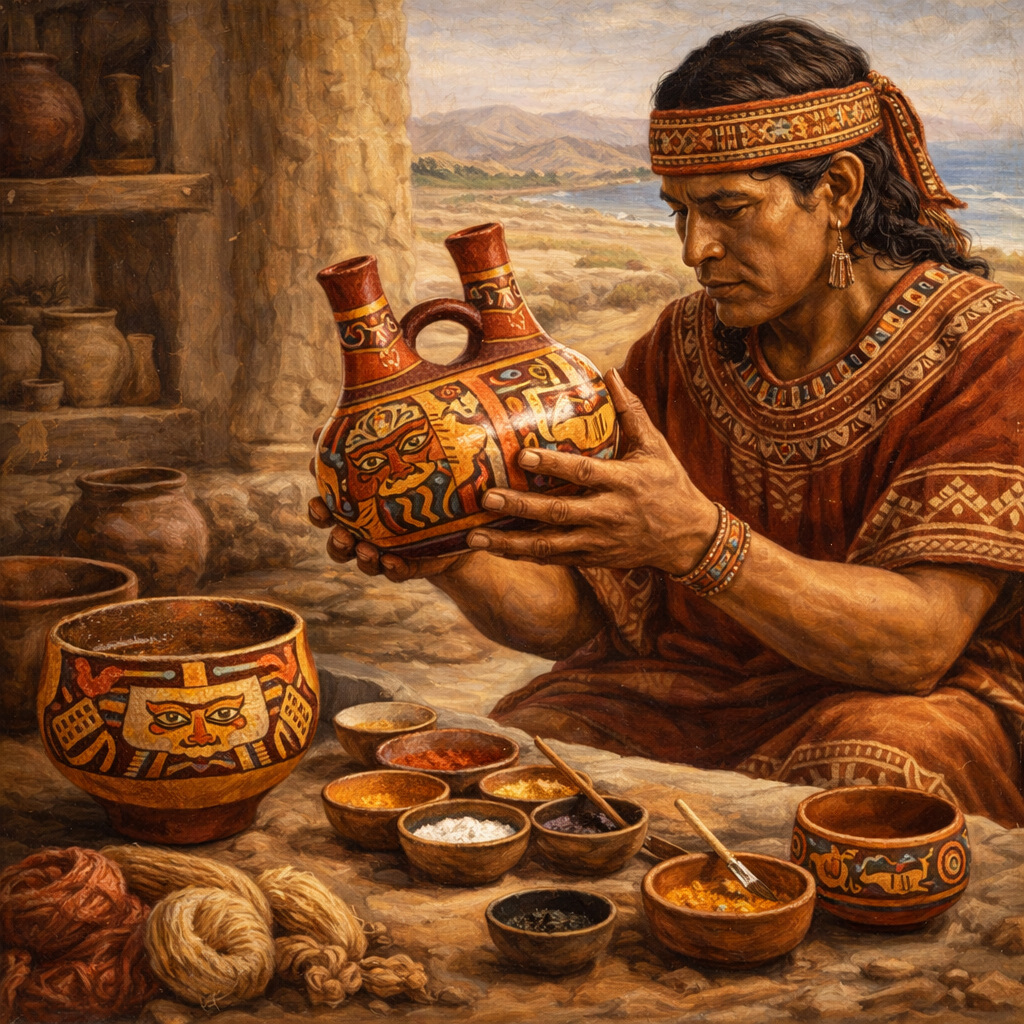 Alfarero de la cultura Paracas observando una vasija de dos cuellos con diseños simbólicos y pigmentos naturales en su taller.