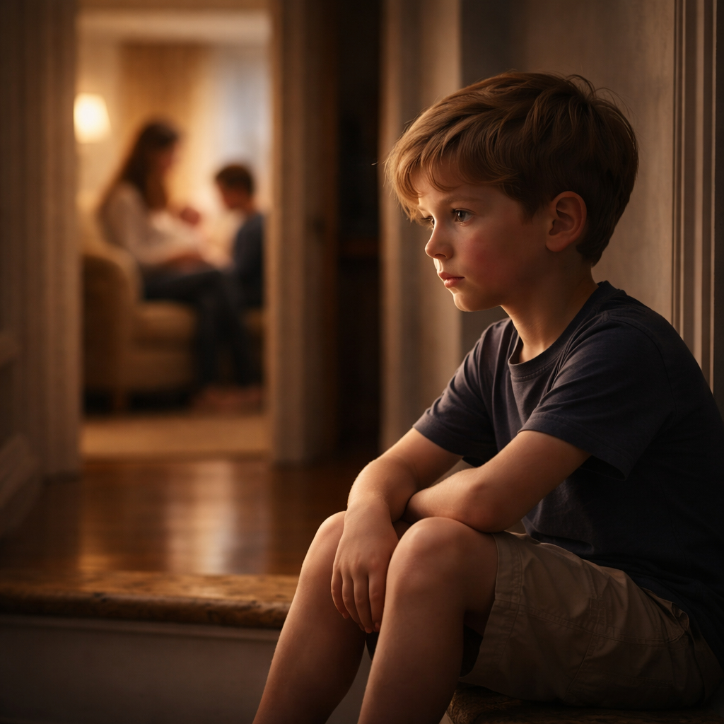 Niño mayor sentado solo observando a su familia con un recién nacido como símbolo de la pérdida de centralidad del primogénito