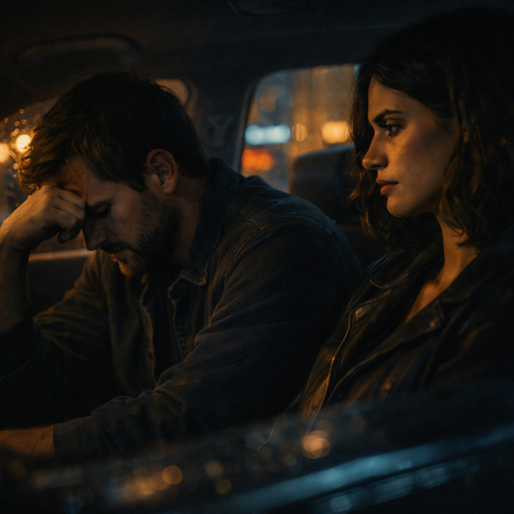 Pareja en silencio dentro de un automóvil nocturno mostrando tensión, desgaste y falta de madurez emocional