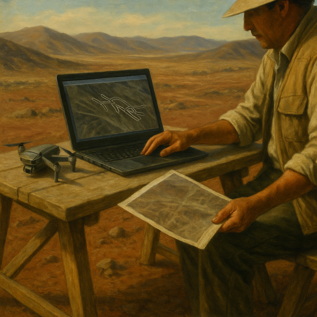Mesa de campo con laptop mostrando análisis de geoglifos de Nazca, un dron plegado y un mapa impreso, mientras un arqueólogo —visible solo de torso y brazos— opera el equipo con el desierto de fondo.