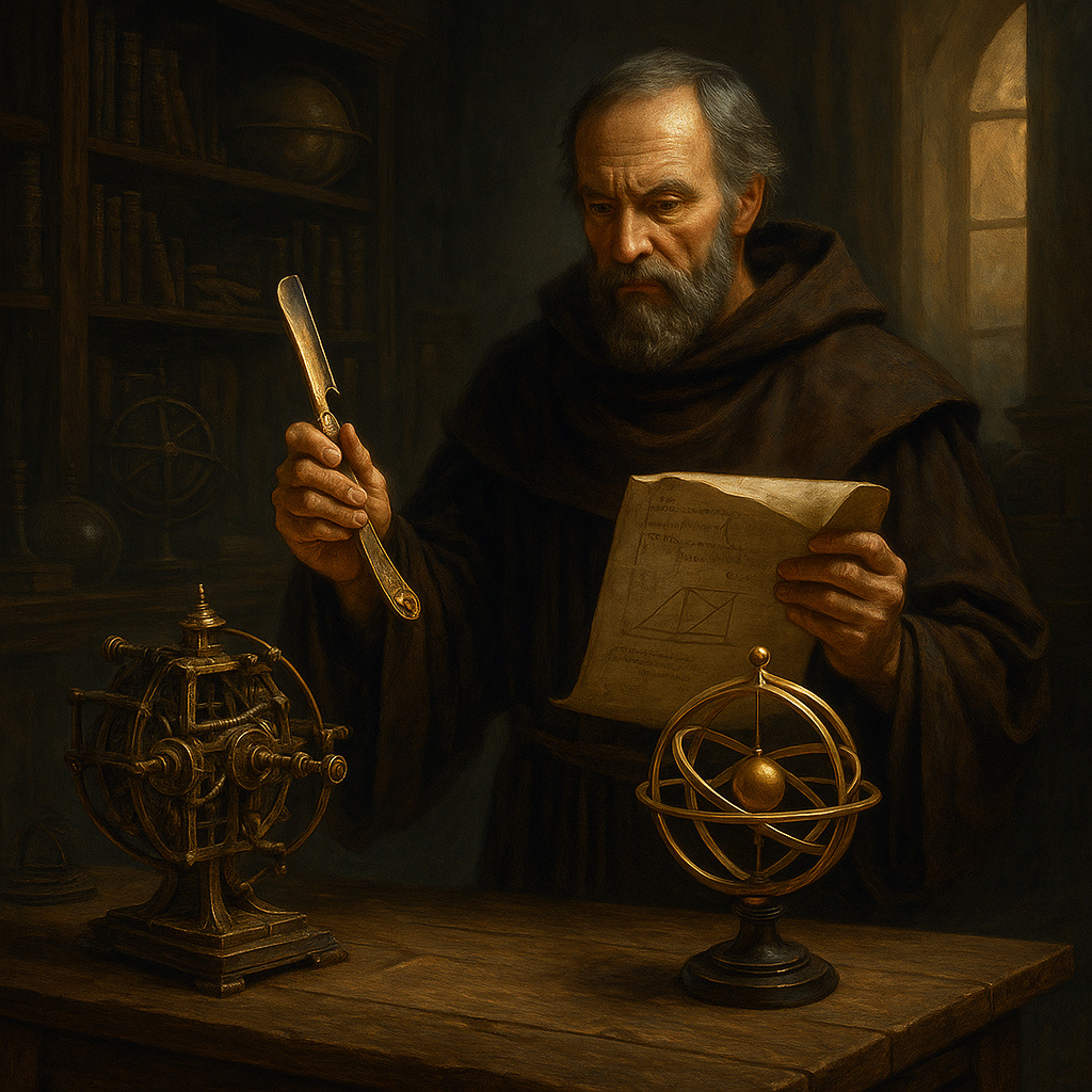 Pintura clásica que representa el uso de la navaja de Ockham en la ciencia, mostrando un científico evaluando teorías y eligiendo la más simple.
