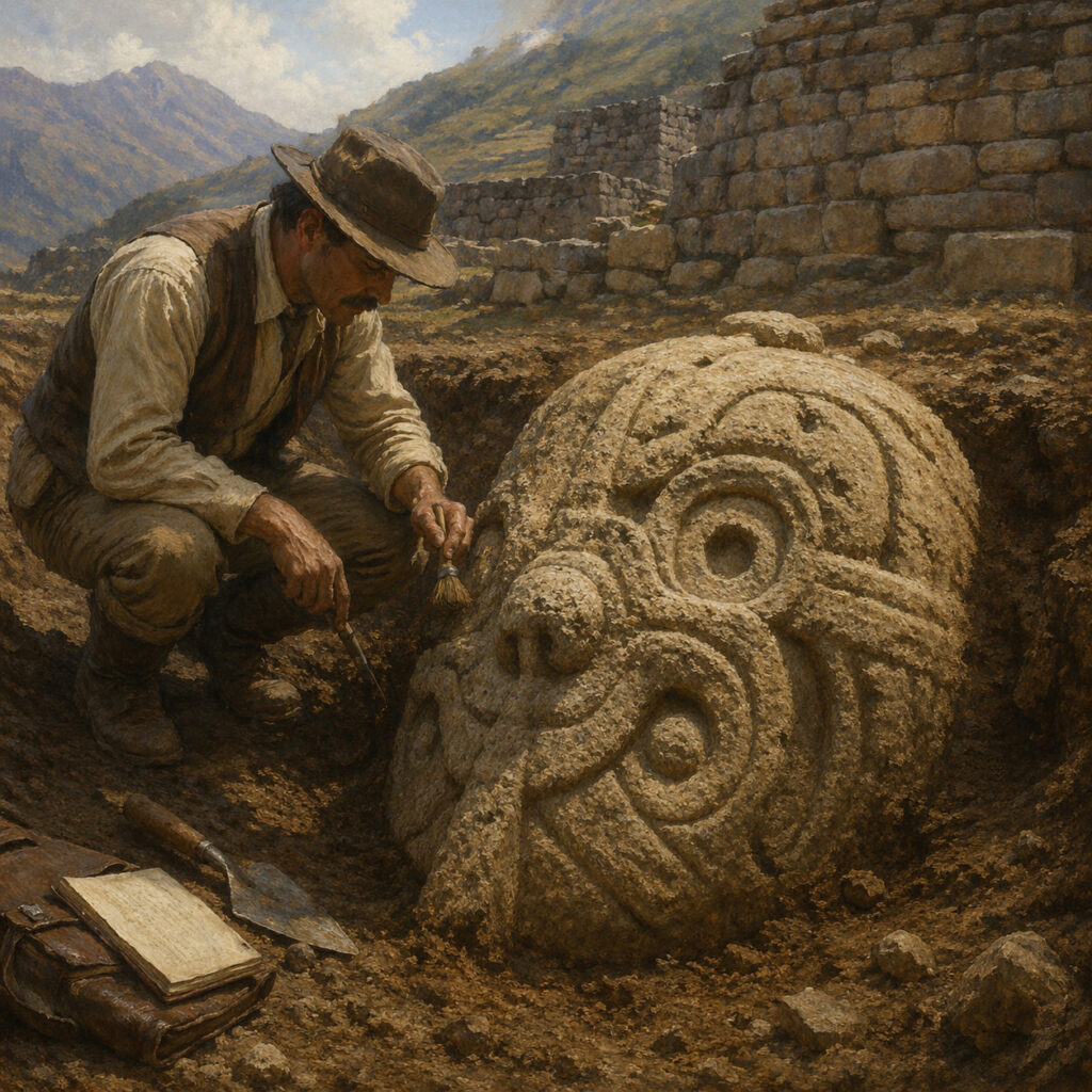 Arqueólogo del siglo XX desenterrando una cabeza clava chavín semienterrada entre la tierra y las ruinas de Chavín de Huántar.