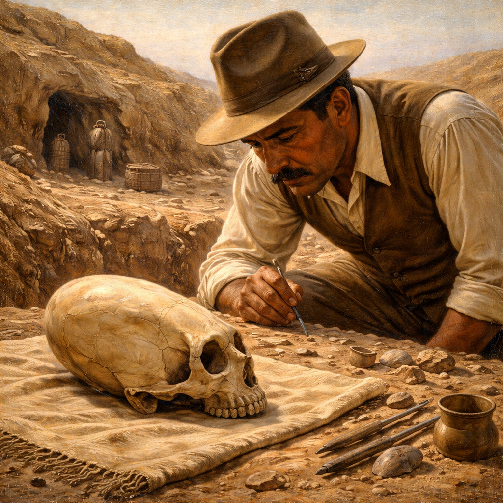 Arqueólogo observando un cráneo deformado de la cultura Paracas durante una excavación en el desierto costero del sur del Perú.