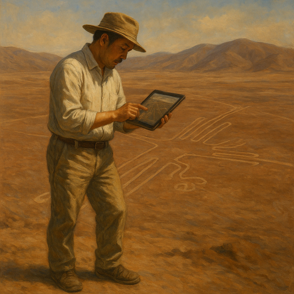 Arqueólogo japonés en el desierto de Nazca revisando una tablet con mapas digitales de geoglifos recién descubiertos, con líneas del desierto visibles de fondo en estilo pintura al óleo realista.