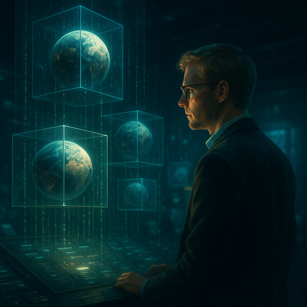 Hombre en un entorno futurista observando hologramas de planetas en cubos de datos, inspirado en la hipótesis de simulación de Nick Bostrom.