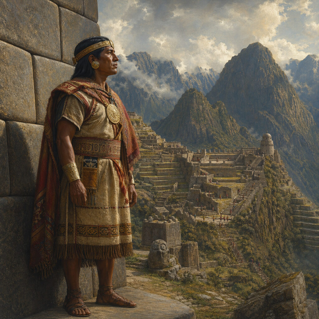 Ilustración histórica de un arquitecto inca junto a un muro de piedra, observando una ciudadela andina con terrazas, templos y construcciones monumentales en medio de las montañas.