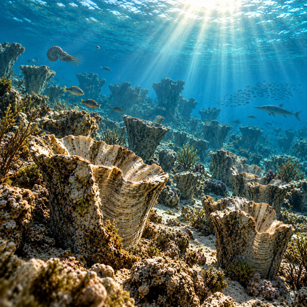 Arrecife de rudistas en un mar tropical del Cretácico Superior