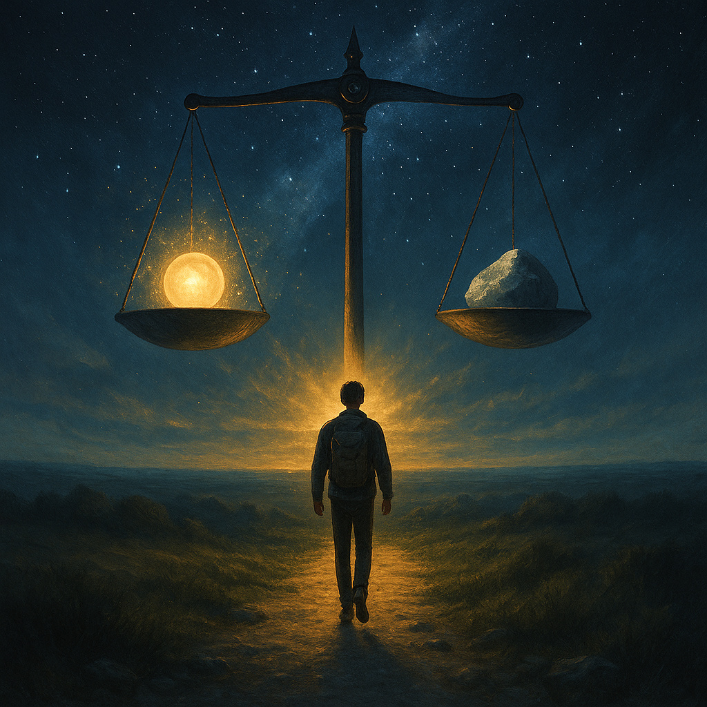 Pintura artística que representa el equilibrio entre idealismo y pragmatismo, mostrando la unión de la visión soñadora con la acción práctica.