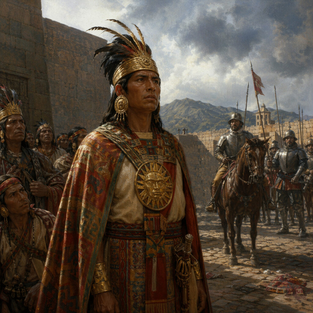 Ilustración histórica de Atahualpa con vestimenta imperial inca en una plaza de Cajamarca, rodeado por nobles incas, mientras conquistadores españoles armados y a caballo avanzan al fondo.