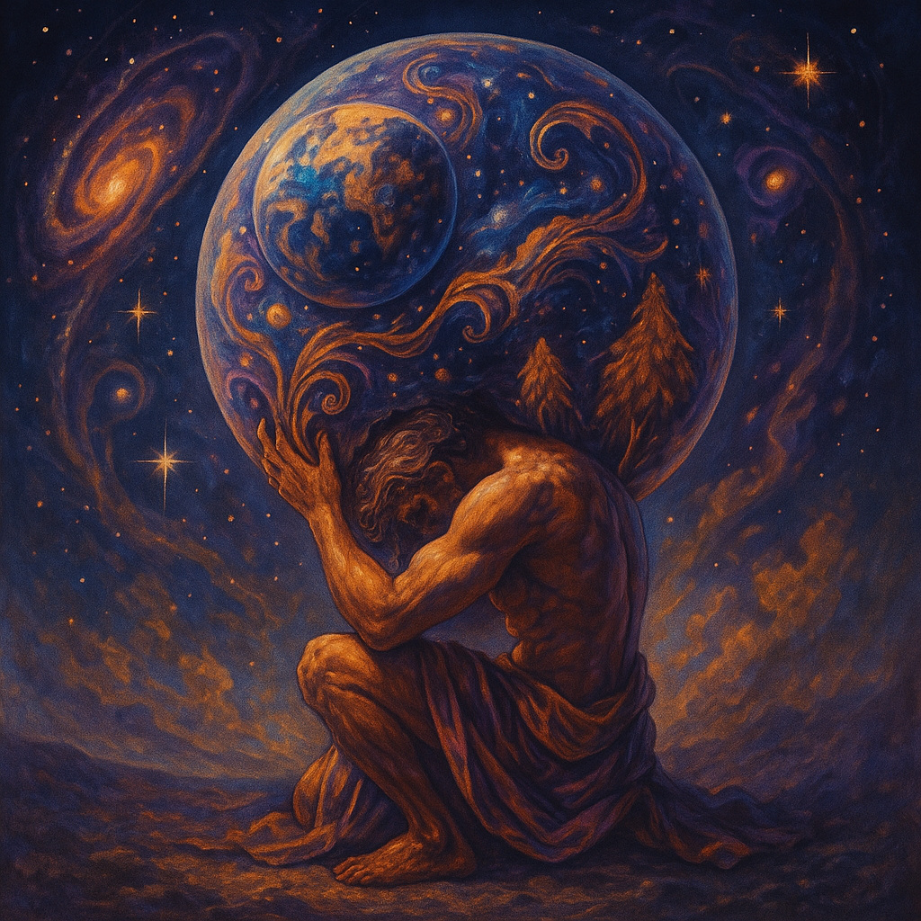 Pintura digital surrealista de Atlas cósmico cargando mundos, representando el peso espiritual de asumir las cargas ajenas.