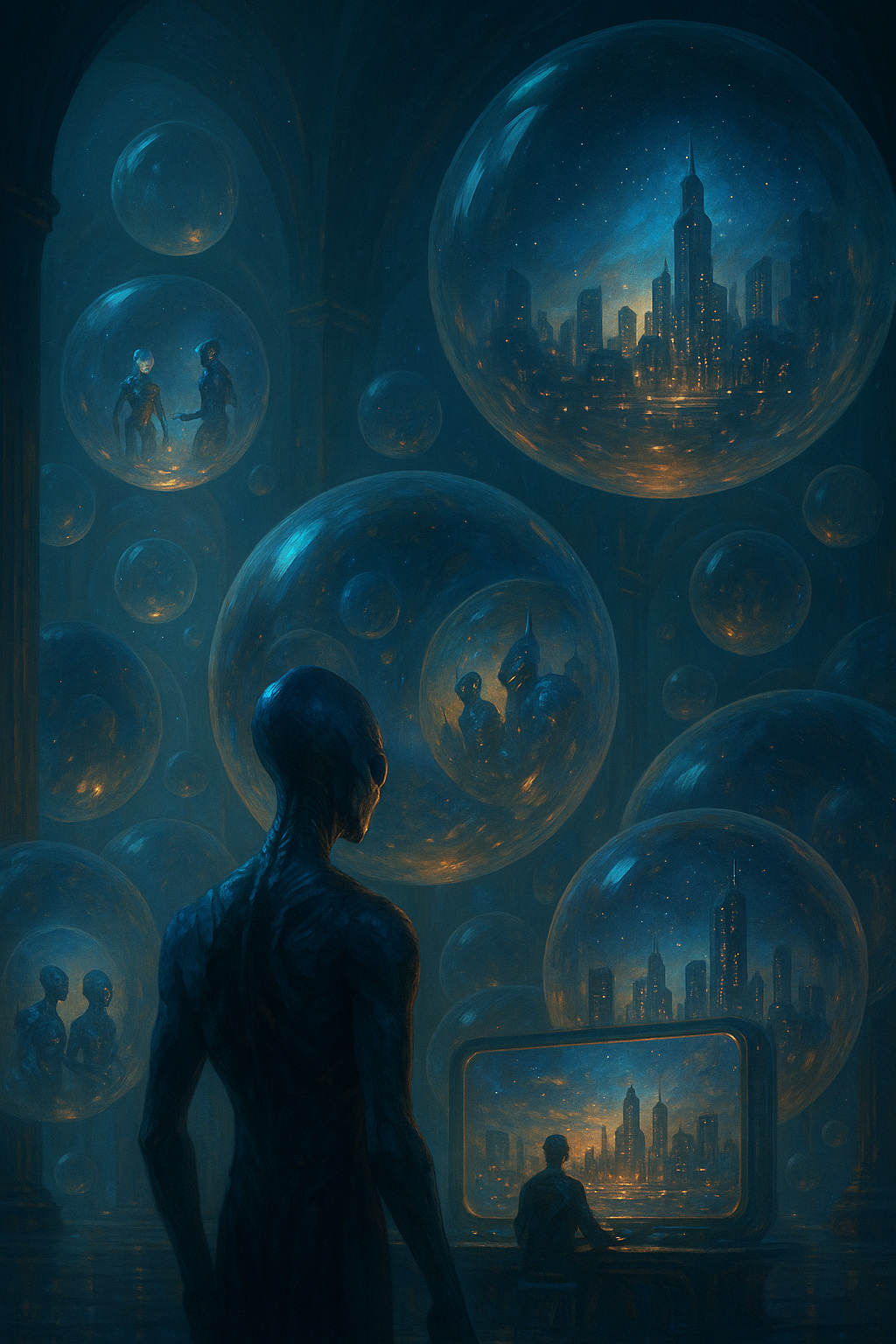 Arte digital cinematográfico que muestra un bucle infinito de simulaciones, con esferas que contienen humanos, androides y alienígenas observándose mutuamente.