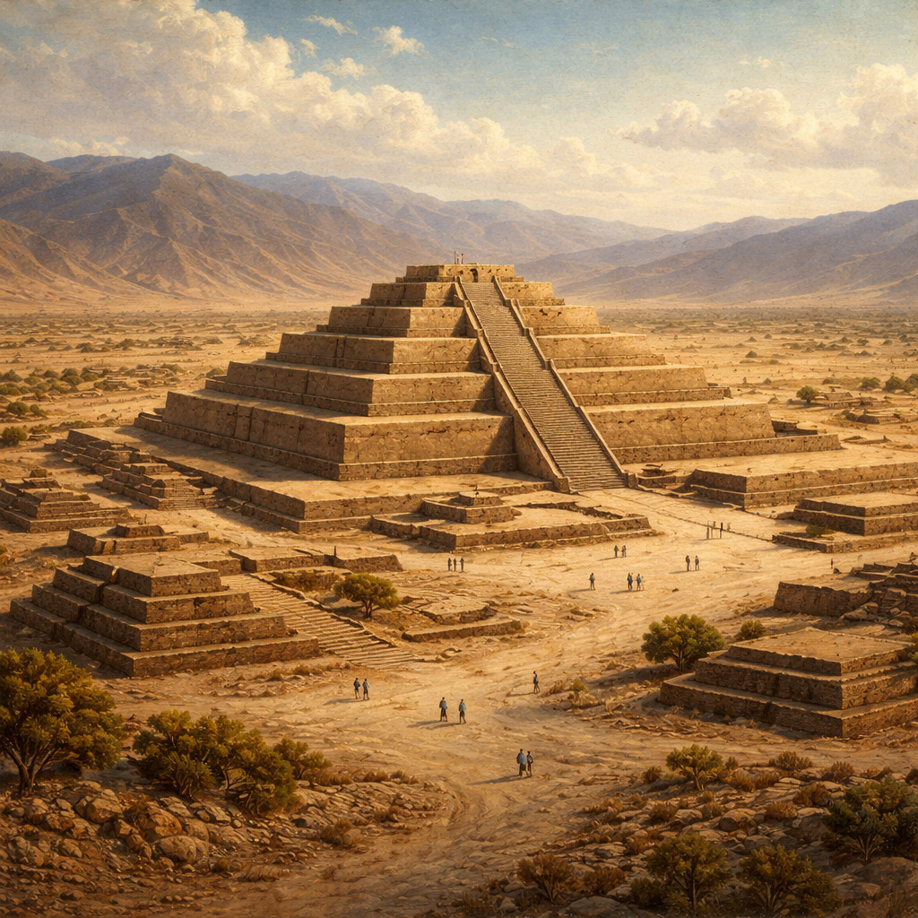 Reconstrucción artística de Cahuachi, centro ceremonial de la Civilización Nazca en el desierto peruano, con gran pirámide de adobe y estructuras rituales alrededor.