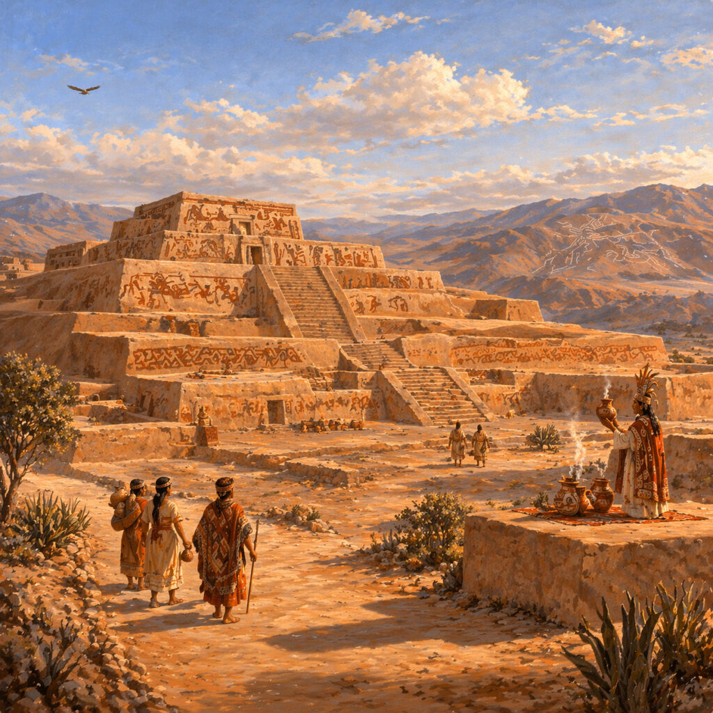 Cahuachi representada como centro ceremonial nazca en el desierto del Perú, con gran estructura de adobe, pocos peregrinos y un sacerdote realizando un ritual.