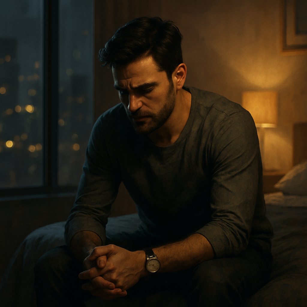 Hombre mirando su reflejo con gesto pensativo mientras una mujer observa a lo lejos, simbolizando los cambios de personalidad en una relación amorosa.