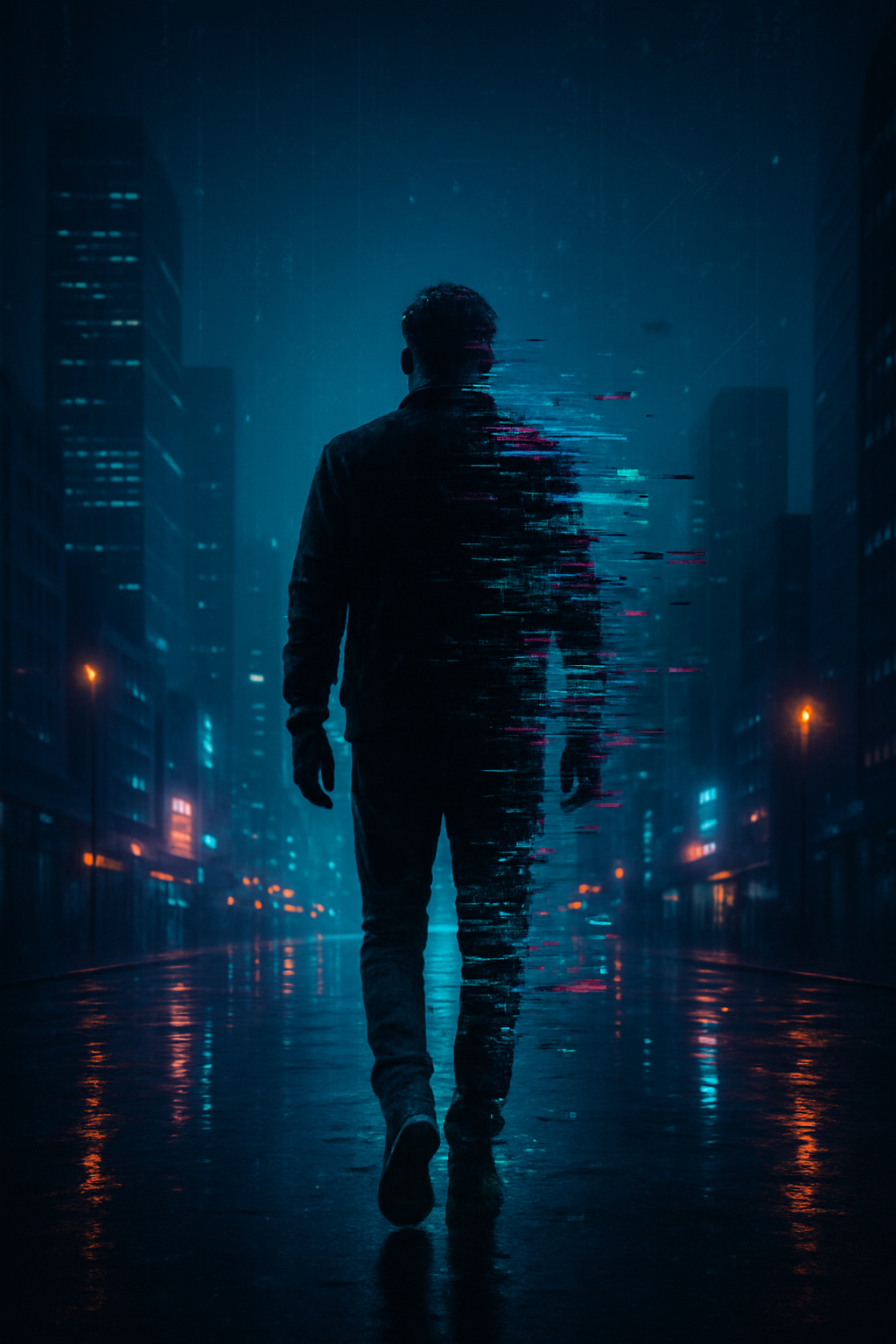Ilustración que muestra a una figura humana con efecto glitch en un entorno urbano oscuro, representando la hipótesis de la simulación.