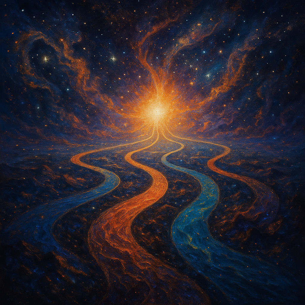 Pintura surrealista de múltiples caminos cósmicos que se unen en una luz divina, representando la meta común del desarrollo espiritual del alma.