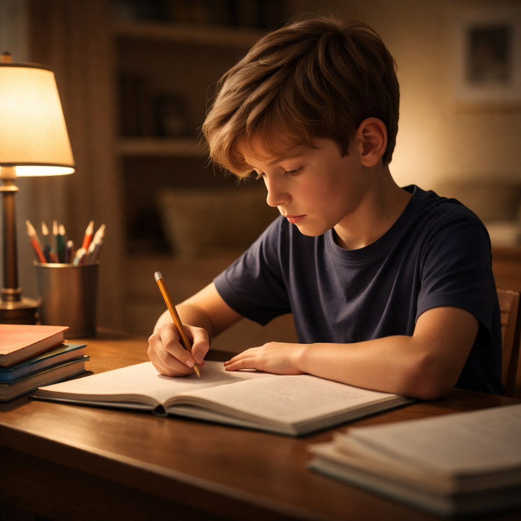 Niño mayor estudiando en un escritorio ordenado como símbolo de las características psicológicas del hijo primogénito