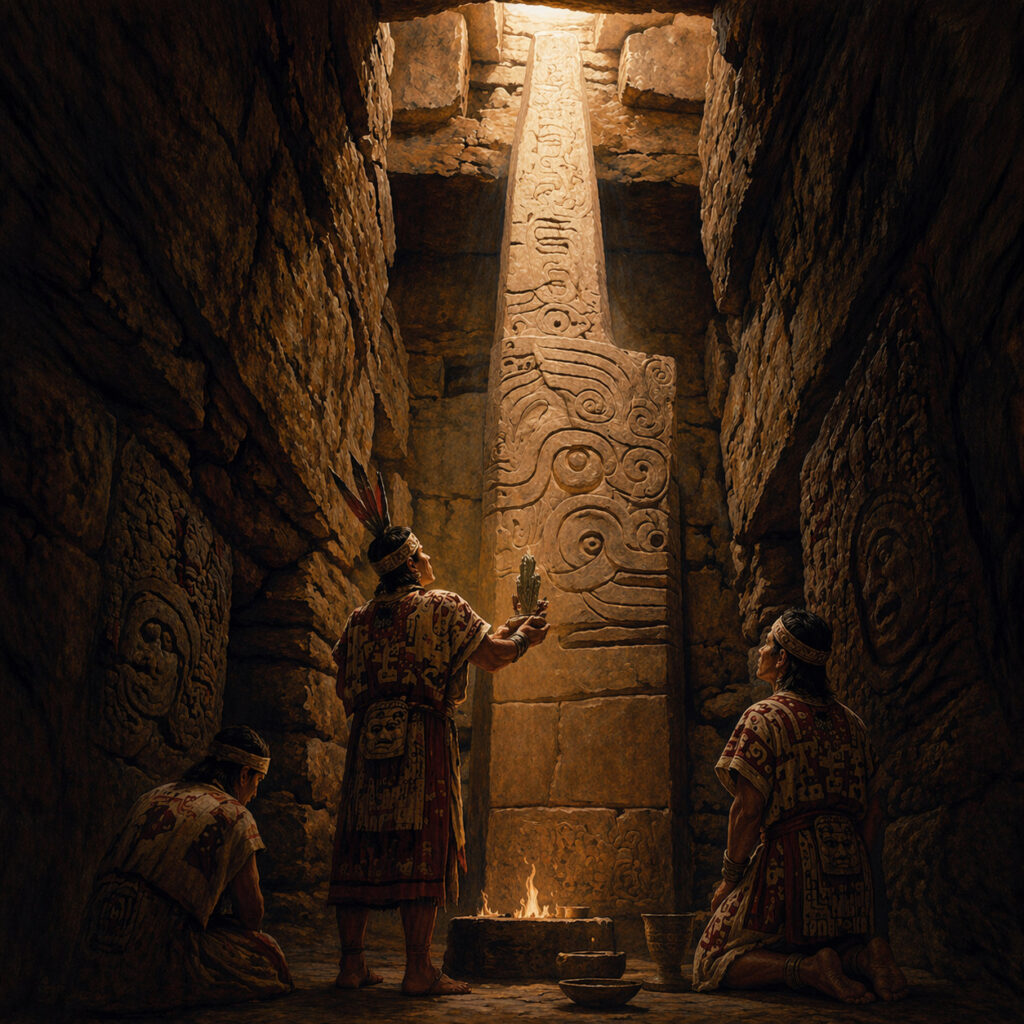 Sacerdote chavín realizando un ritual frente al Lanzón Monolítico en una galería subterránea del templo de Chavín de Huántar.