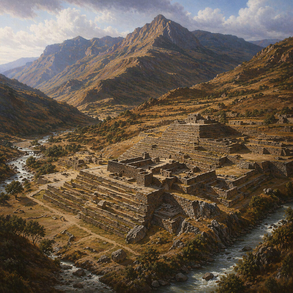 Reconstrucción histórica de Chavín de Huántar, centro ceremonial de la Civilización Chavín en los Andes peruanos, rodeado de montañas y ríos.