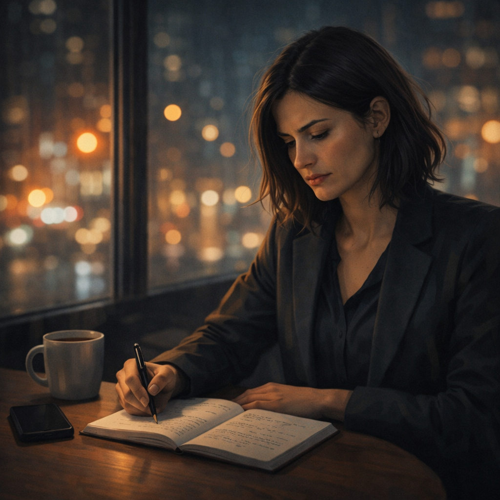 Mujer escribiendo en una libreta de noche mientras organiza sus pensamientos frente al estrés