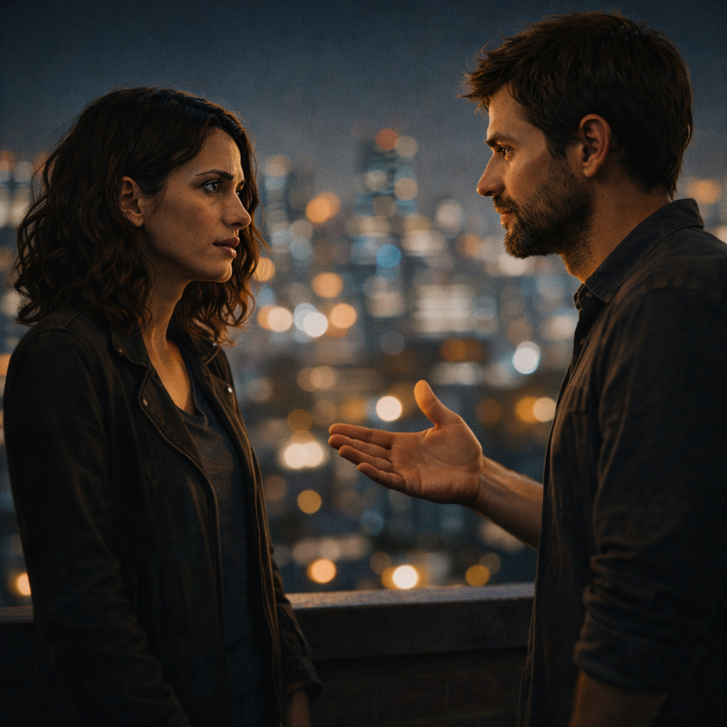 Pareja en una terraza nocturna hablando con seriedad, calma y comunicación no violenta
