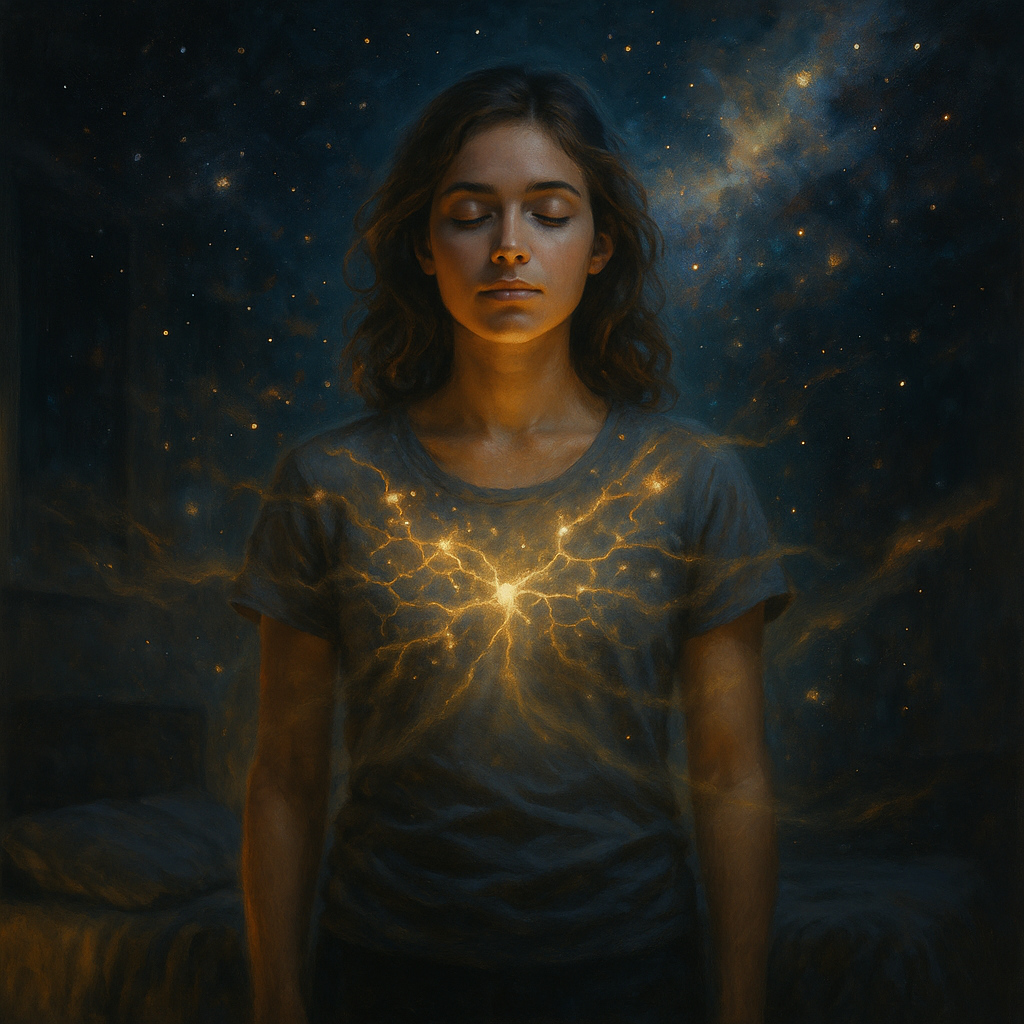 Mujer descansando mientras redes neuronales brillantes la rodean, reflejando el poder restaurador y cognitivo del sueño.