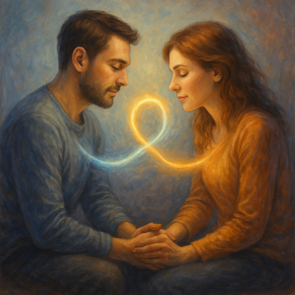 Pareja conectada por un lazo de luz que representa la cooperación emocional y la sintonía de emociones.