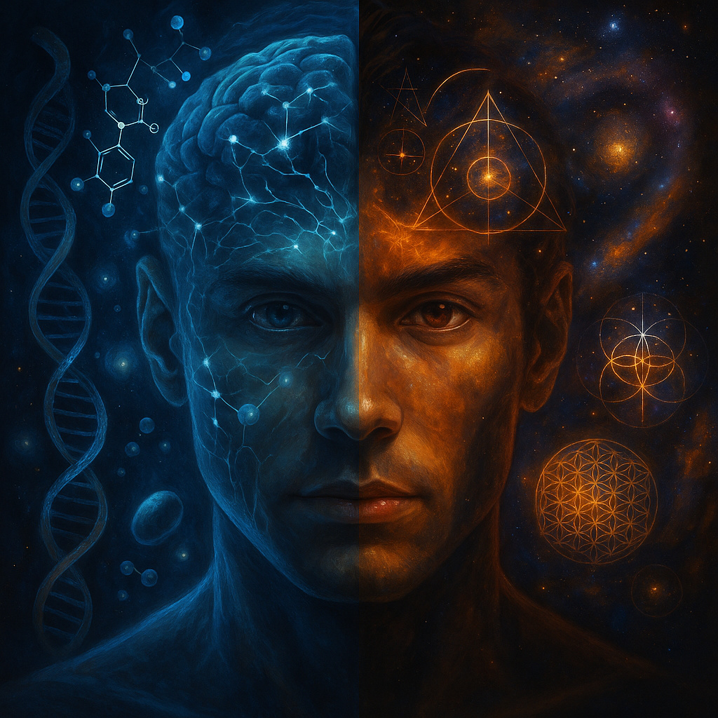 Ilustración digital de un rostro dividido entre ciencia y espiritualidad, simbolizando el debate sobre el DMT.