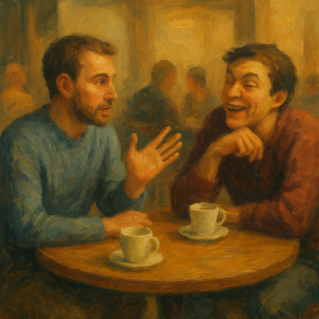 Pintura al óleo impresionista de dos personas debatiendo en un café, representando un ejemplo de argumento ad hominem en un contexto cotidiano.