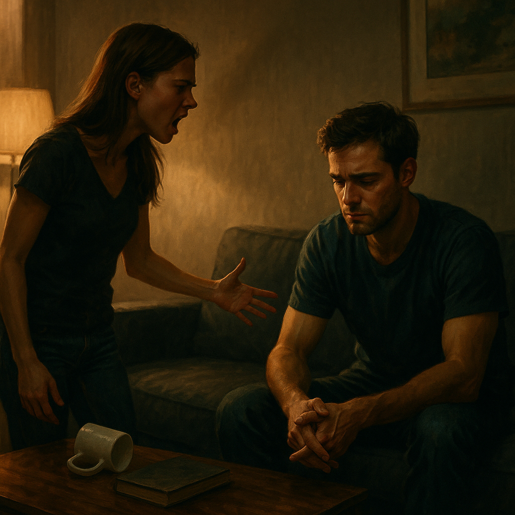 Hombre y mujer en una relación abusiva, representados en estilo semi realista cinematográfico, mostrando tensión y sufrimiento emocional.