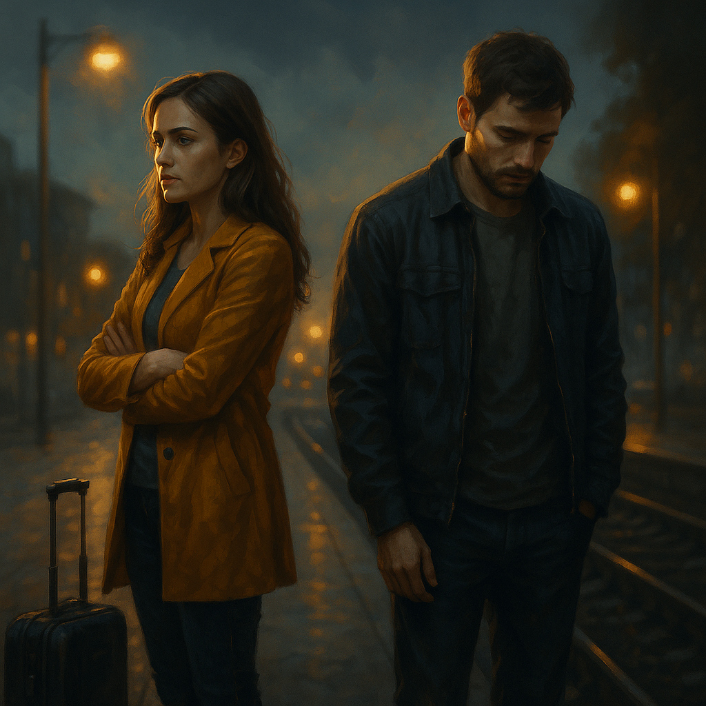 Pareja en una estación de tren de noche, mirándose con tristeza mientras se despiden, simbolizando el fin de una relación.