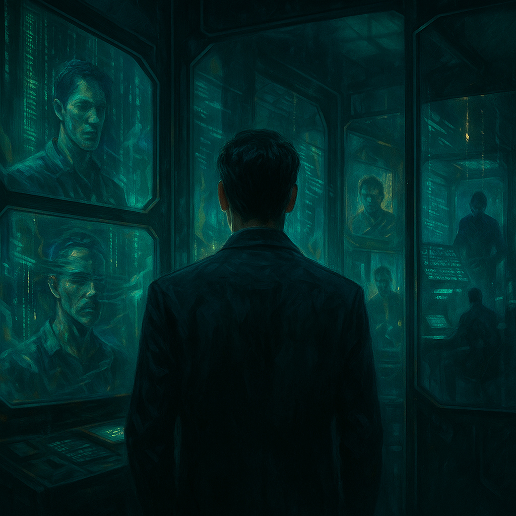 Escena futurista con un investigador rodeado de pantallas y códigos, atrapado en un bucle visual que simboliza la imposibilidad de confirmar o refutar la hipótesis de la simulación.
